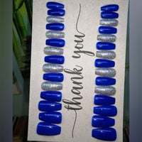 Hand Painted PRESS-ON Nails - Medium Gel Polish | ROYAL BLUE/HOLOGRAPHIC SILVER GLITTER