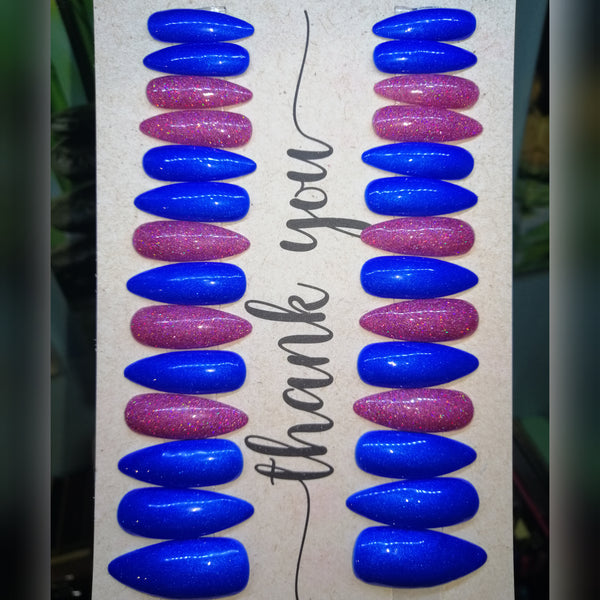 Hand Painted PRESS-ON Nails - Long Gel Polish - ROYAL BLUE/PINK HOLOGRAPHIC