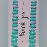 Hand Painted PRESS-ON Nails - Short Gel Polish - TIFFANY BLUE/HOLOGRAPHIC GLITTER/MAGENTA/WHITE