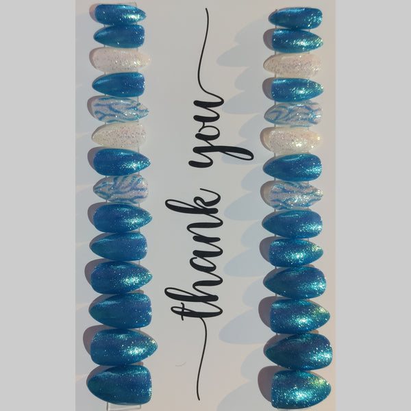 Hand Painted PRESS-ON Nails - Short Gel Polish - TEAL MICRO GLITTER/PEAL IRIDESCENT GLITTER
